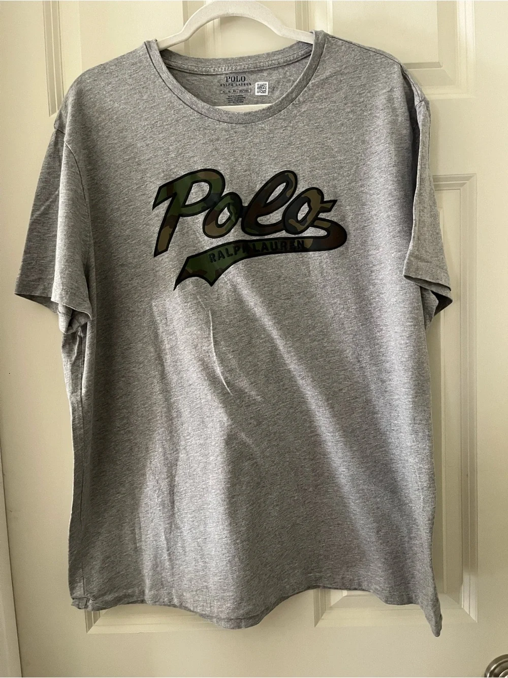 Men’s heather gray Polo Ralph Lauren crewneck t-shirt camouflage lettering XL